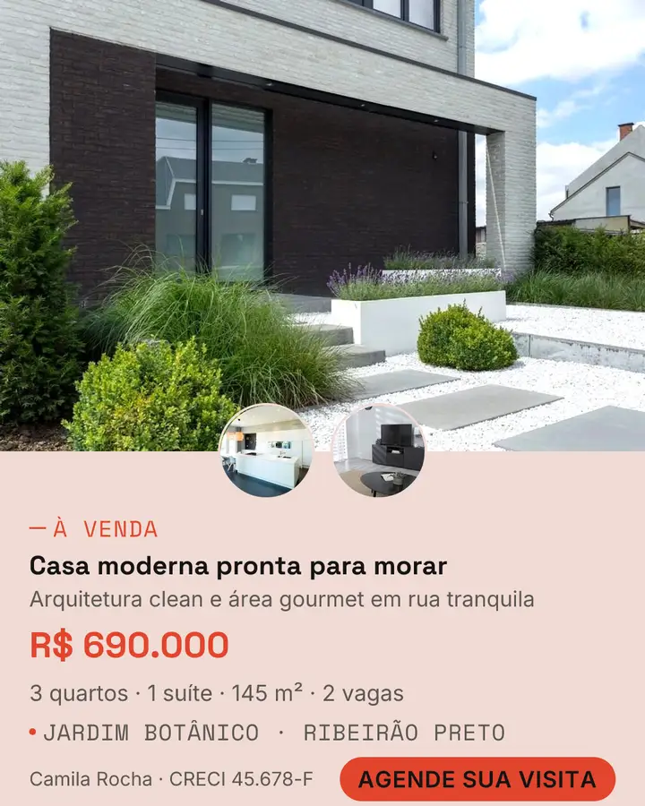 Arte de feed gerada pela ArteImóvel sobre a foto da fachada: R$ 690.000, 3 quartos, 1 suíte, 145 m², bairro Jardim Botânico e o CRECI da corretora.