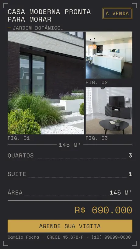 Arte de story 9:16 gerada pela ArteImóvel para o mesmo imóvel, com as três fotos, a ficha de quartos e área, o preço e o contato da corretora.
