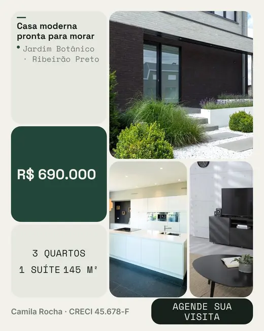 Arte em blocos com a fachada, a cozinha e a sala, preço R$ 690.000 em destaque e botão “Agende sua visita”.