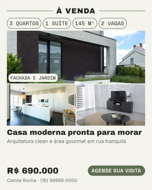 Arte em mosaico com as três fotos do imóvel, chips de 3 quartos, 1 suíte, 145 m² e 2 vagas.