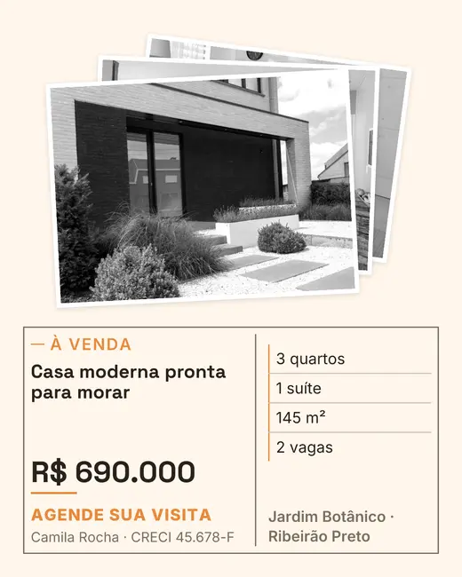 Arte com as fotos empilhadas como fotografias impressas em preto e branco e a ficha do imóvel ao lado.