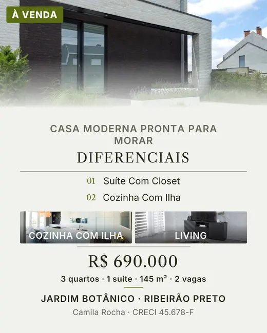 Arte editorial com a lista de diferenciais do imóvel — suíte com closet e cozinha com ilha — sobre a foto da fachada.