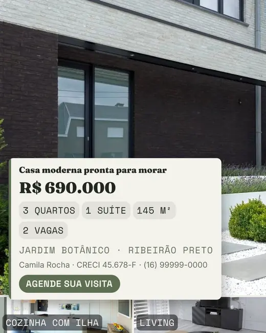 Arte com a foto da fachada em tela cheia e um cartão branco com preço, medidas e contato da corretora.